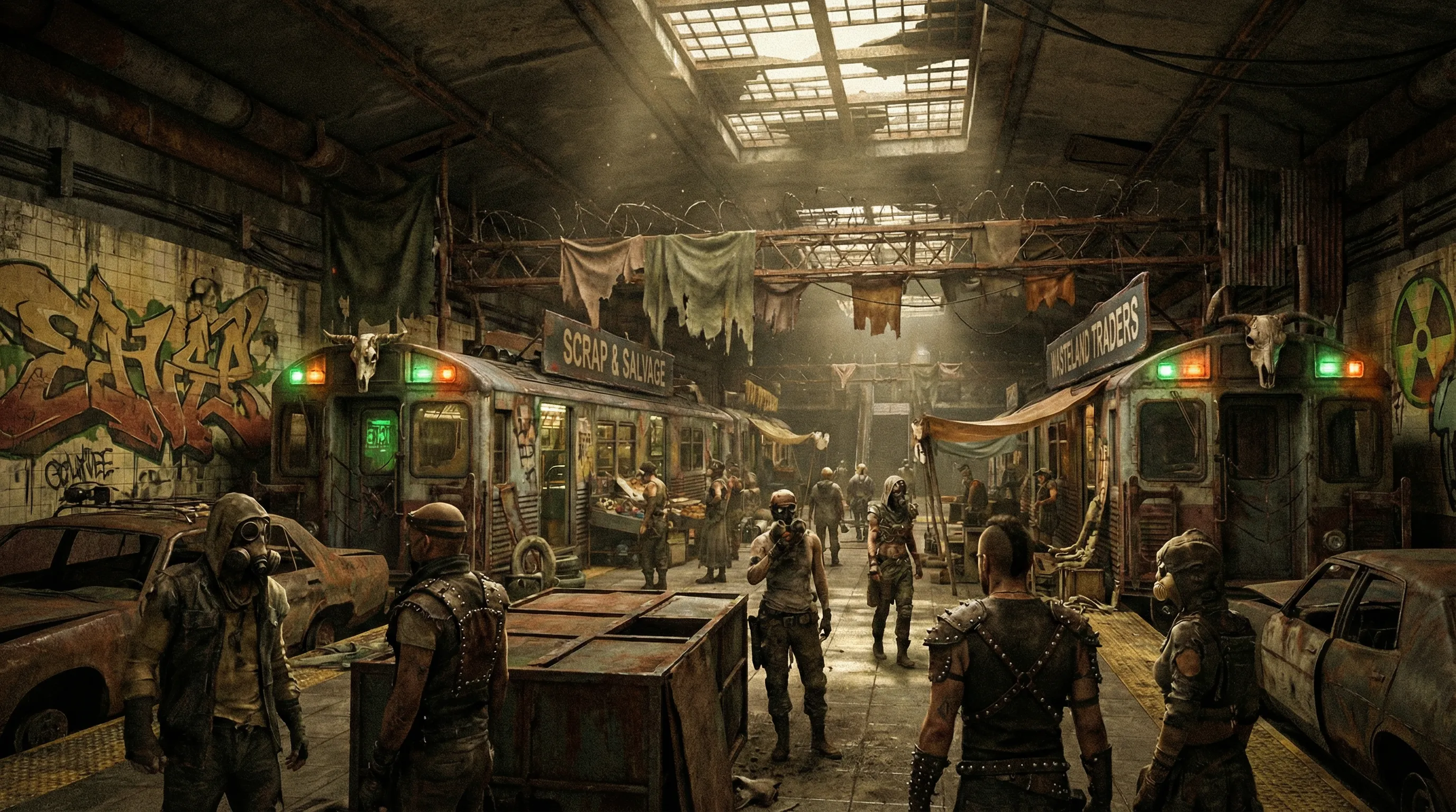 废弃地铁站改造的社区中心涂鸦墙壁和改装列车